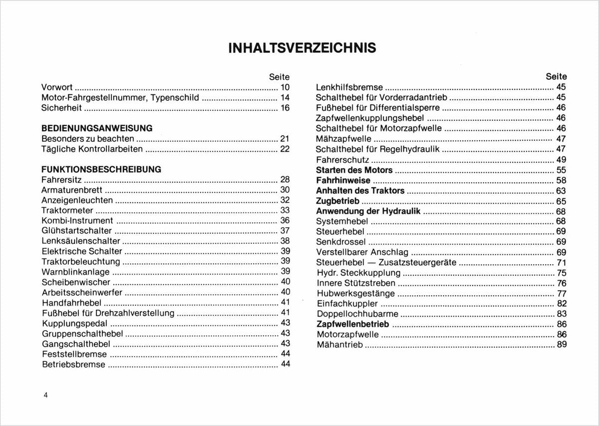 Steyr 8045 Traktor Betriebsanleitung TS 300/90, Inhaltsverzeichnis