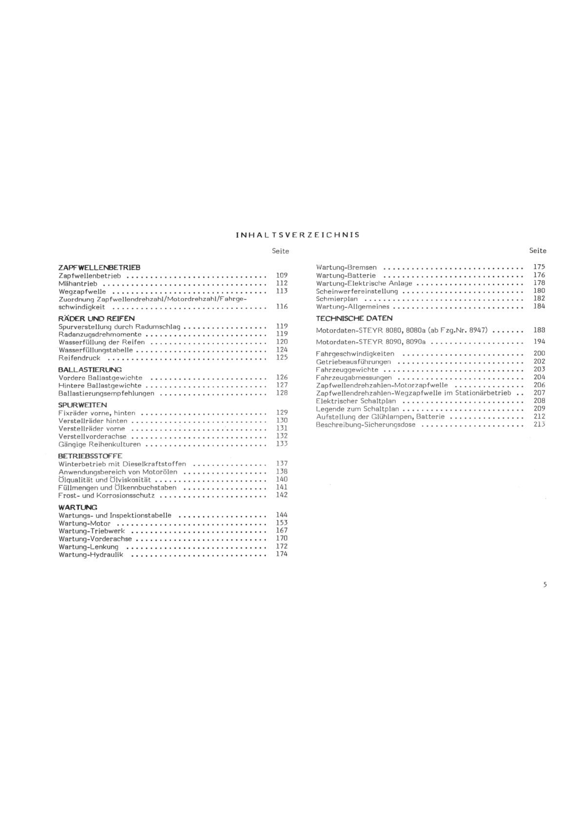Steyr 8090 8090a 8080 8080a Traktor Betriebsanleitung TS 290/84, Inhaltsverzeichnis