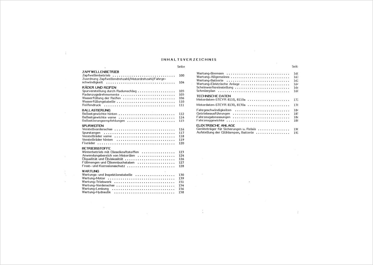 Steyr 8110 und 8130 Betriebsanleitung TS 280/87, Inhaltsverzeichnis