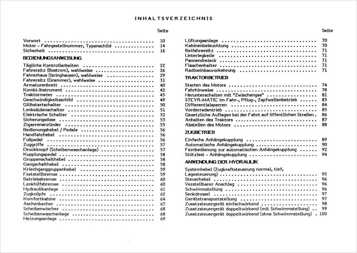 Steyr 8150, 8165, 8170 und 8180 Betriebsanleitung TS 300/87, Inhaltsverzeichnis