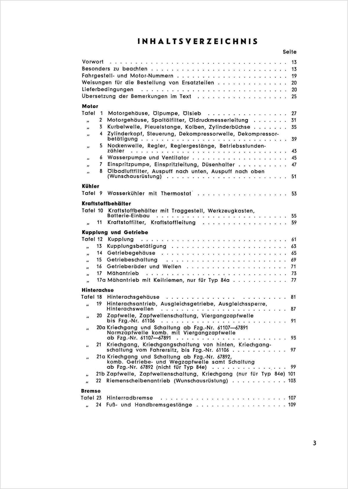 Steyr 84 84a 84e 84s Traktor Ersatzteilkatalog Ausgabe 1961, Inhaltsverzeichnis, Seite 1