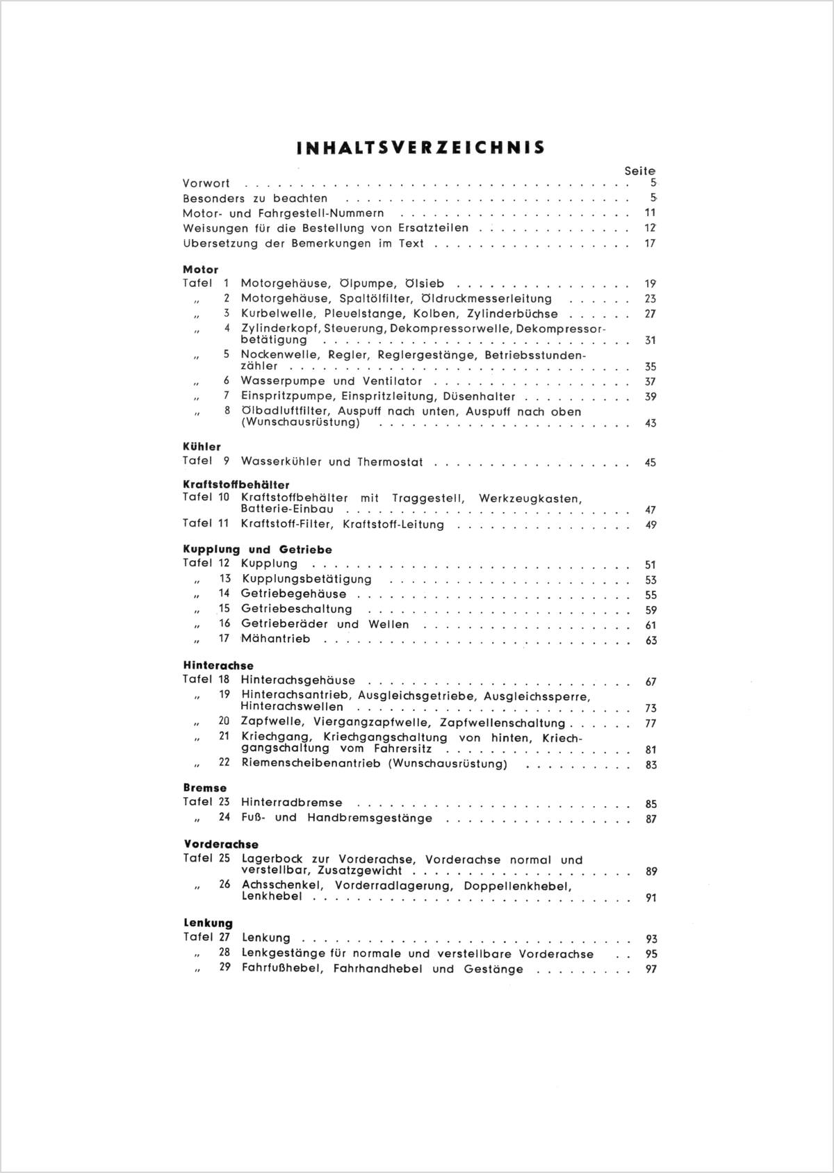 Steyr 84 Traktor Ersatzteilkatalog TS 2/57, Inhaltsverzeichnis, Seite 1