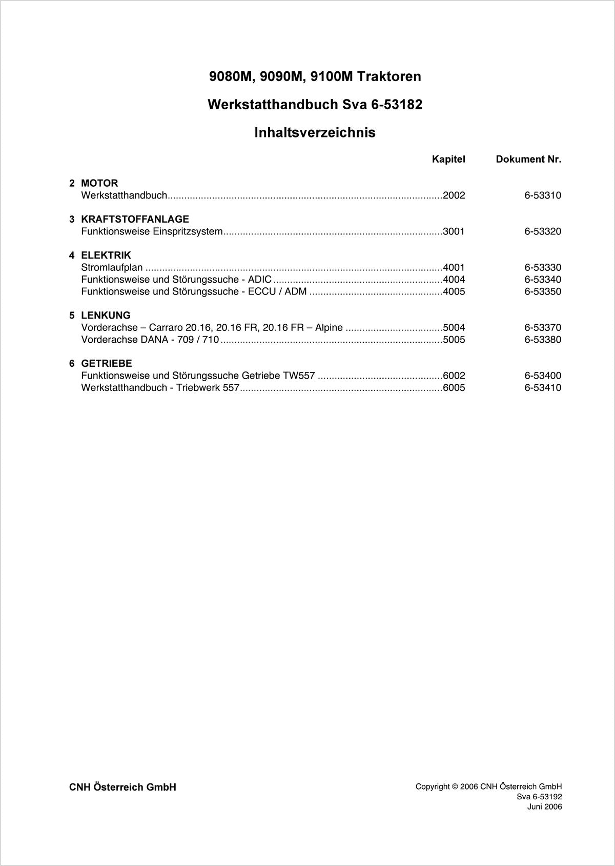 Steyr 9080 M, 9090 M, 9100 M Werkstatthandbuch, Inhaltsverzeichnis, Seite 1