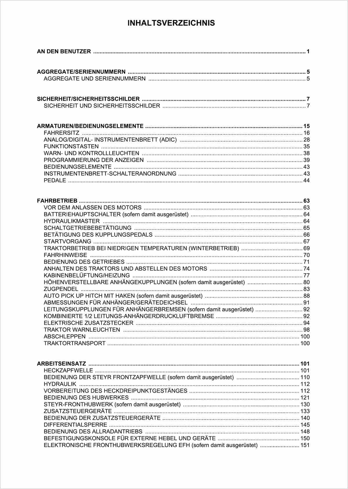 Steyr 9080MT 9090MT 9100MT Traktor Betriebsanleitung Ausgabe 2007, Inhaltsverzeichnis