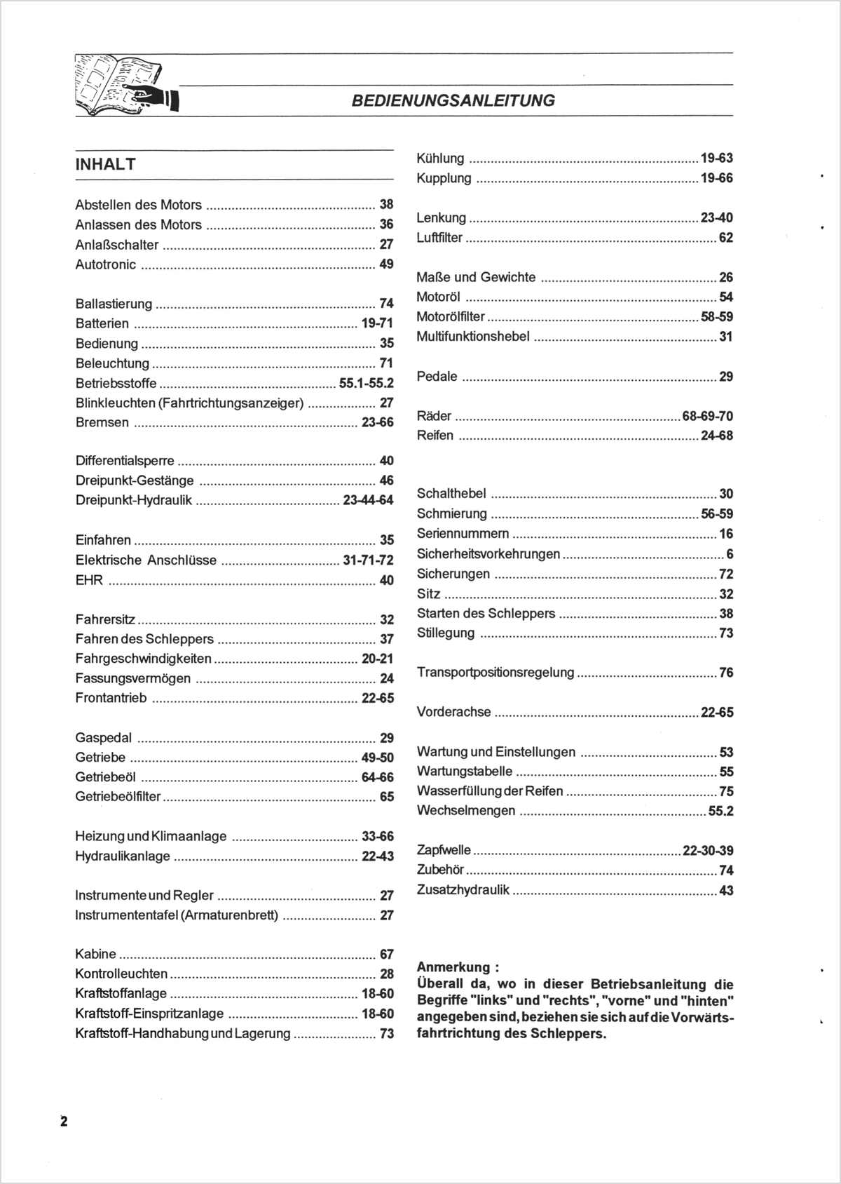 Steyr 9155 9170 9190 Traktor Betriebsanleitung, Inhaltsverzeichnis