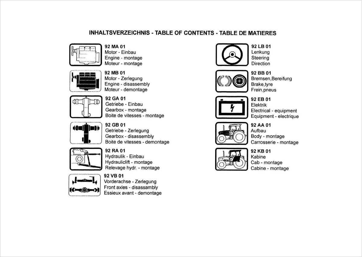 Steyr 9160a 9180a 9200 9200a Traktor Ersatzteilkatalog, Inhaltsverzeichnis, Seite 1