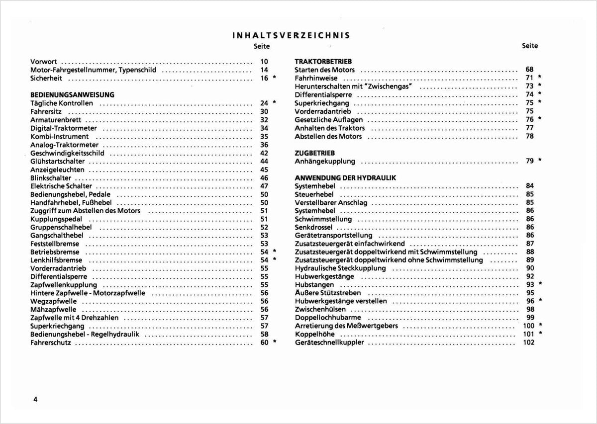 Steyr 942 und 948 Traktor Betriebsanleitung TS 235/92, Inhaltsverzeichnis
