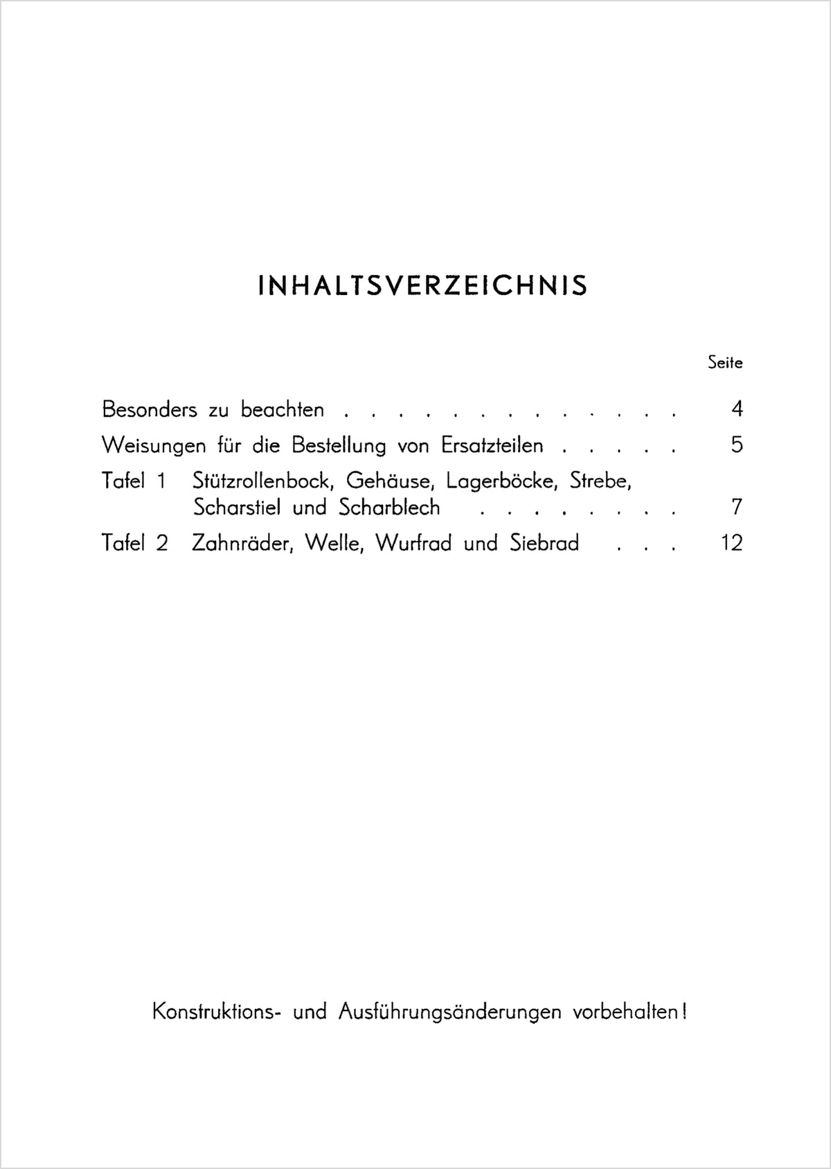 Steyr Kartoffelroder Ersatzteilkatalog TS 41/52, Inhaltsverzeichnis