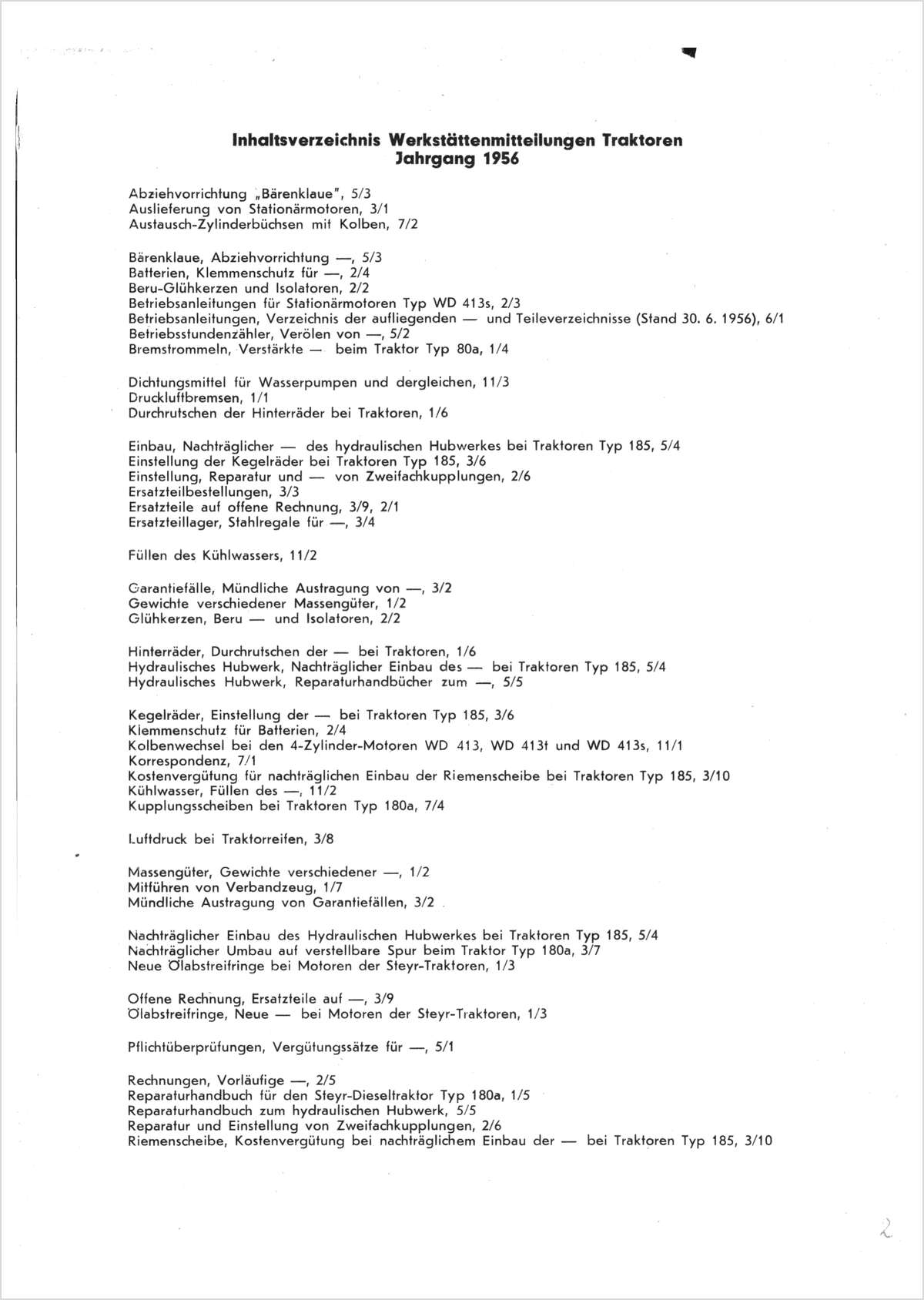 Steyr Kundendienst Werkstätten-Mitteilung Traktoren 1957 Ausgabe 1957, Inhaltsverzeichnis, Seite 1