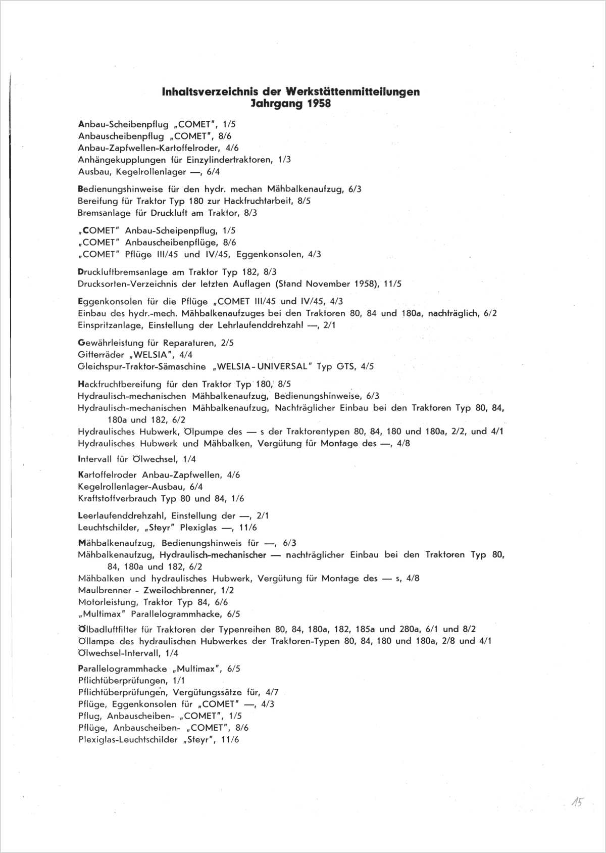 Steyr Kundendienst Werkstätten-Mitteilung Traktoren 1959 Ausgabe 1959, Inhaltsverzeichnis