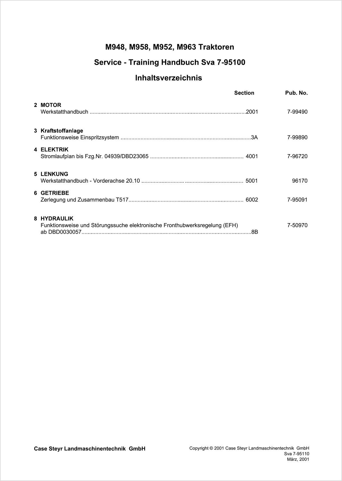 Steyr Multi-Trac M948 M958 M963 Service-Training-Handbuch Ausgabe 2001, Inhaltsverzeichnis, Seite 1