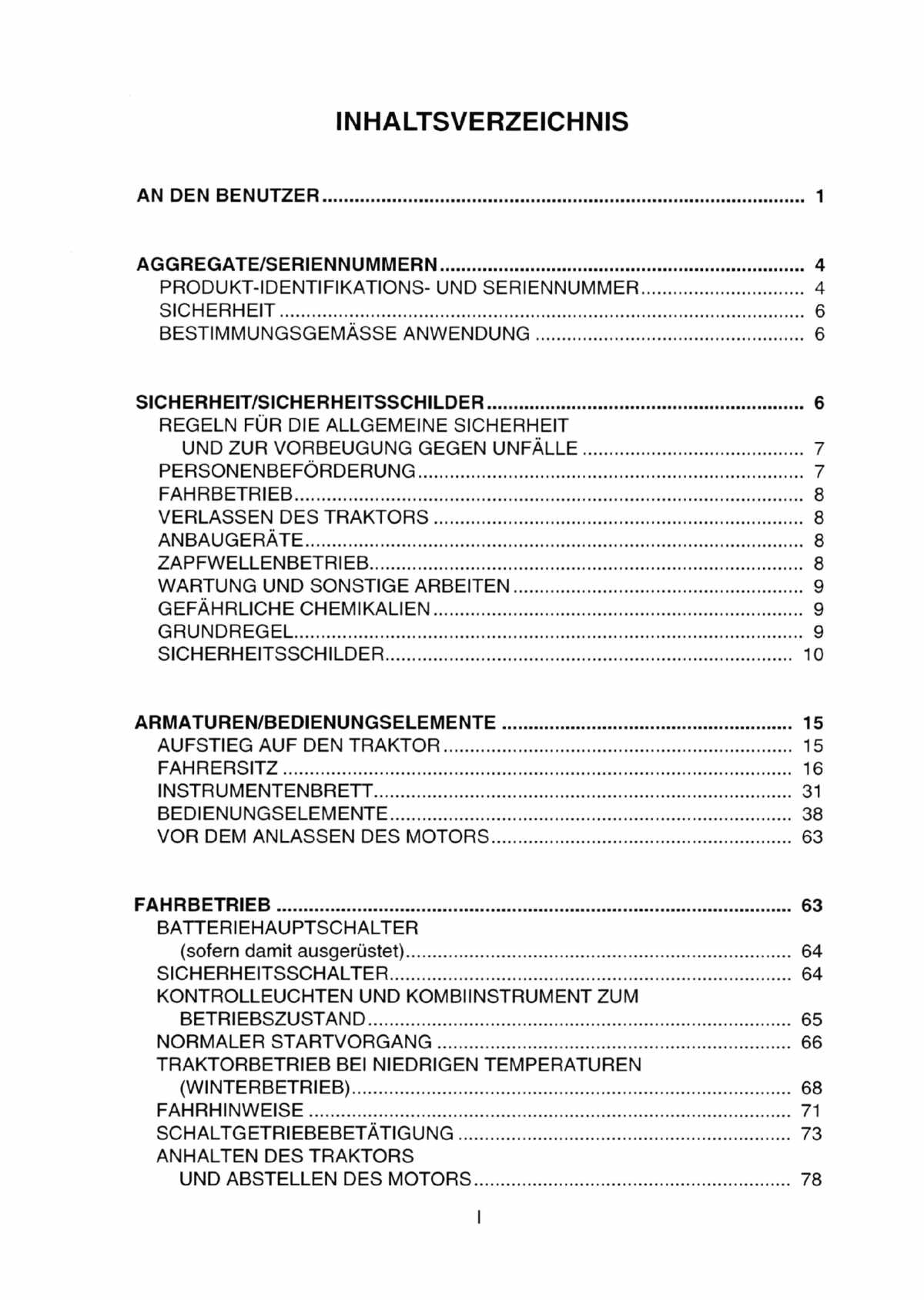 Steyr Multitrac M9078, M9078a, M9086a und M9094a Betriebsanleitung Ausgabe 2002, Inhaltsverzeichnis