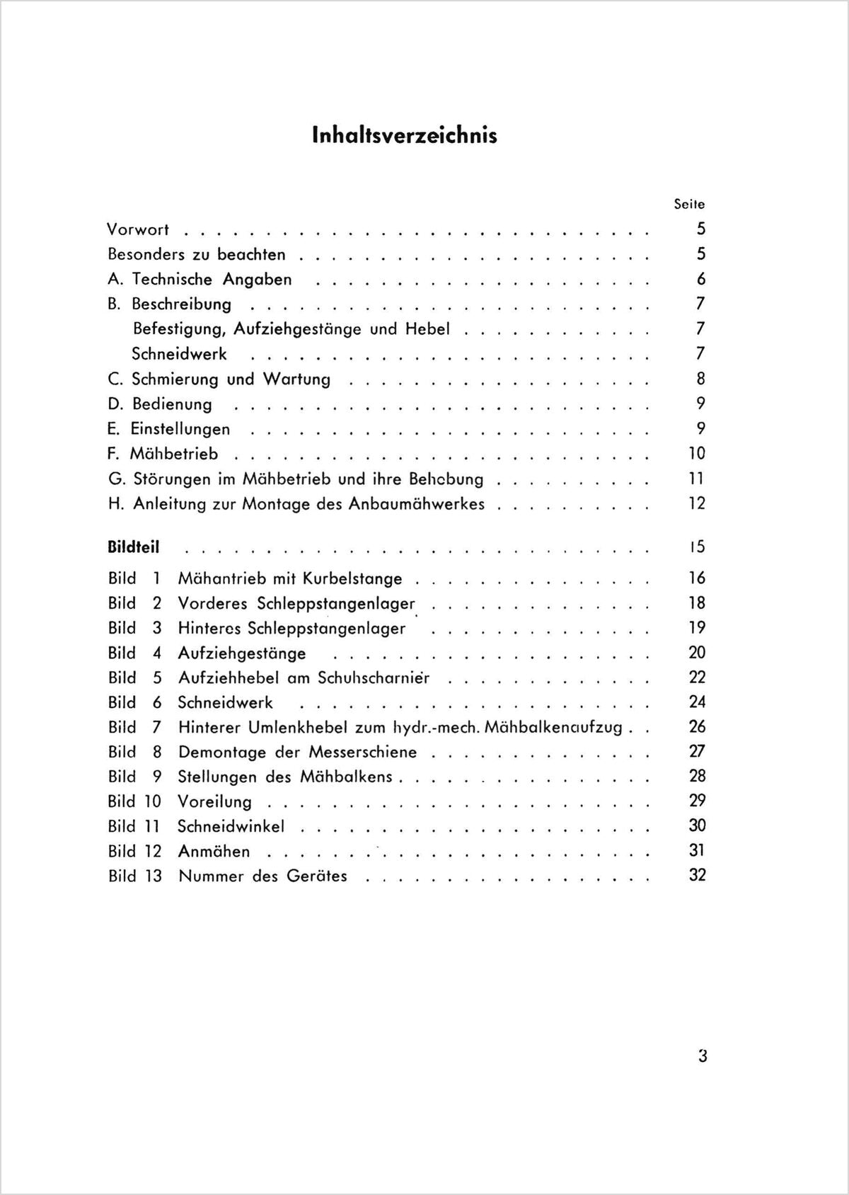 Steyr N180a N182 N182a Anbaumähwerk Betriebsanleitung TS 28/61, Inhaltsverzeichnis