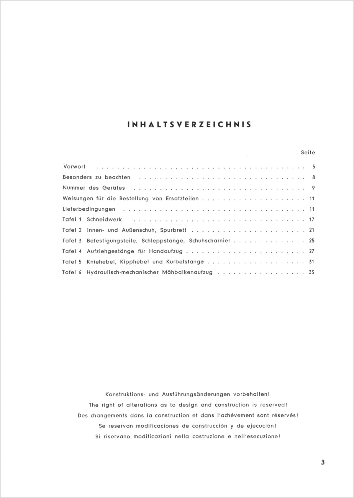 Steyr N180a N182 N182a Anbaumähwerk Ersatzteilkatalog, Inhaltsverzeichnis