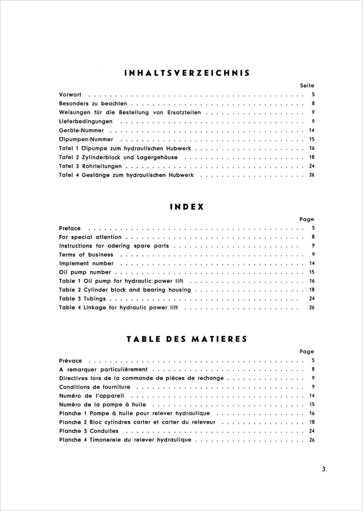 Steyr N180a und N182a Hydraulisches Hubwerk Ersatzteilkatalog TS 41/59, Inhaltsverzeichnis, Seite 1