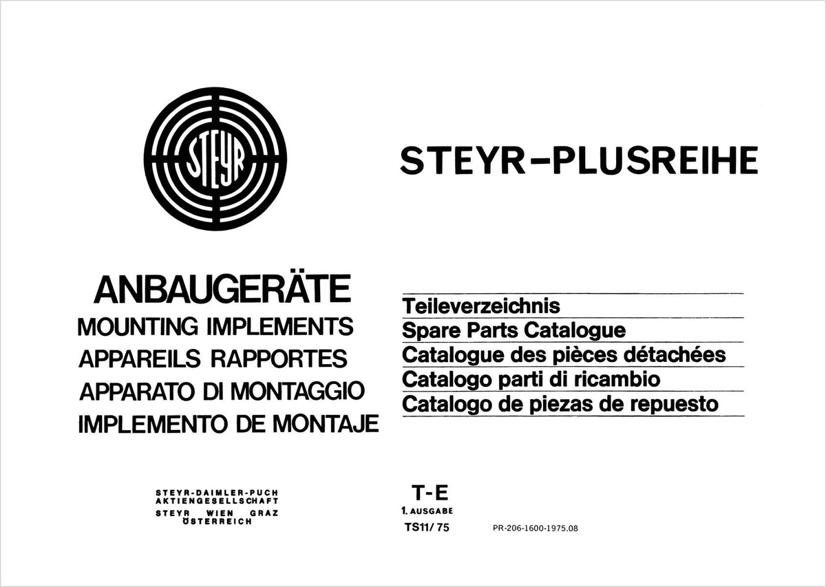 Steyr Plus-Serie Traktoren Anbaugeräte Ersatzteilkatalog TS 102/68, Inhaltsverzeichnis