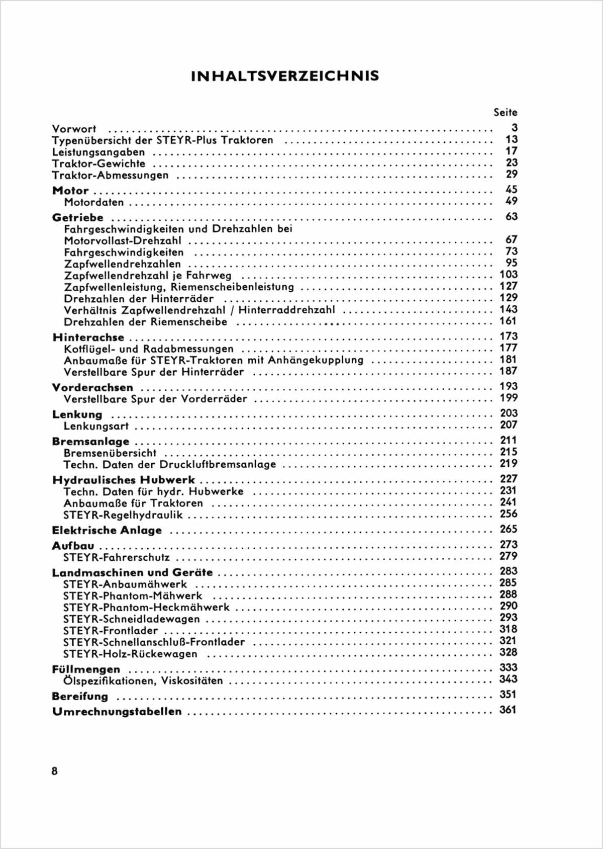 Steyr Plus-Serie Traktoren Werkstattdaten - Ausgabe 1974 TS 164/68, Inhaltsverzeichnis, Seite 1