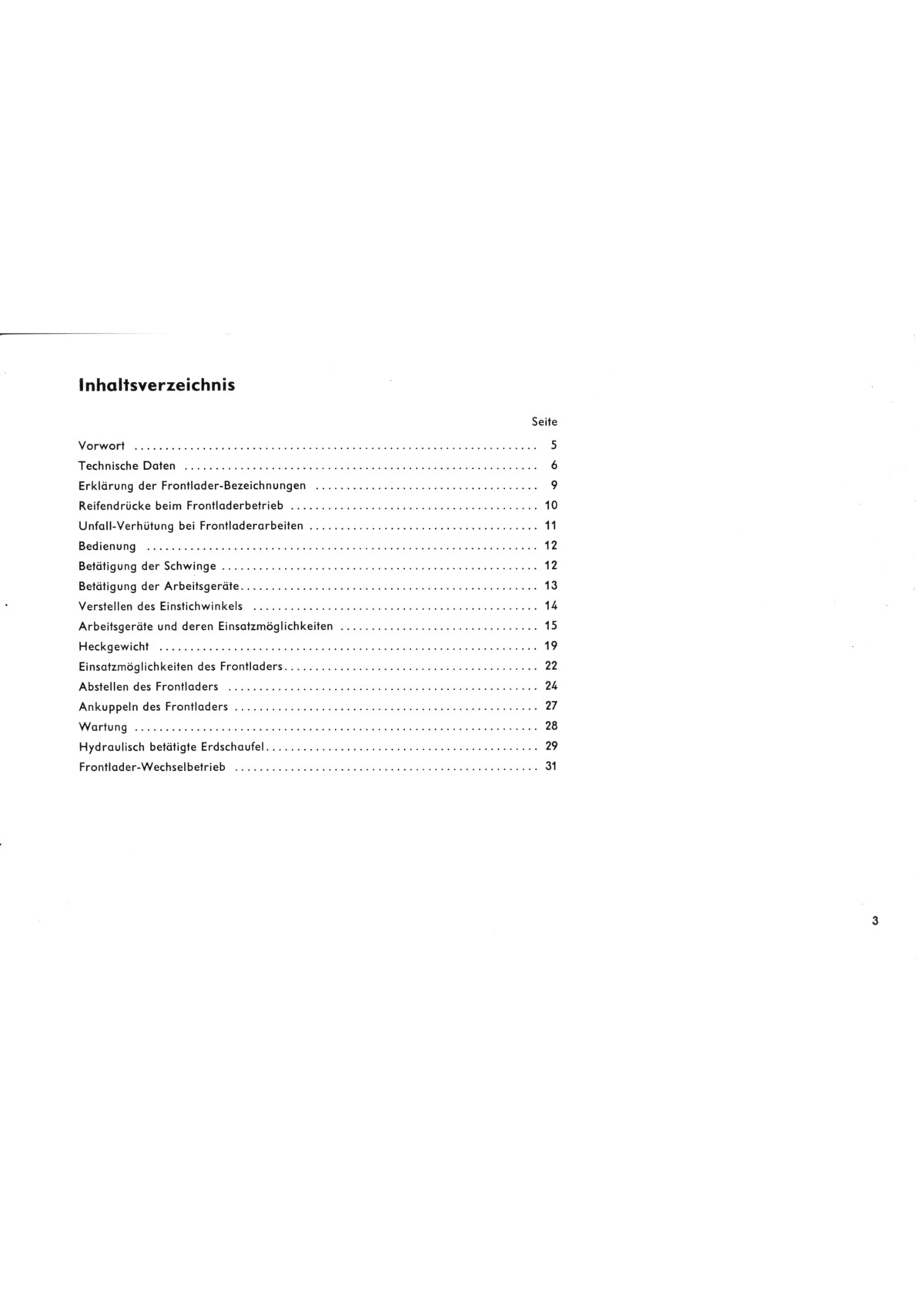 Steyr Schnellanschluss-Frontlader Betriebsanleitung Ausgabe 1974, Inhaltsverzeichnis
