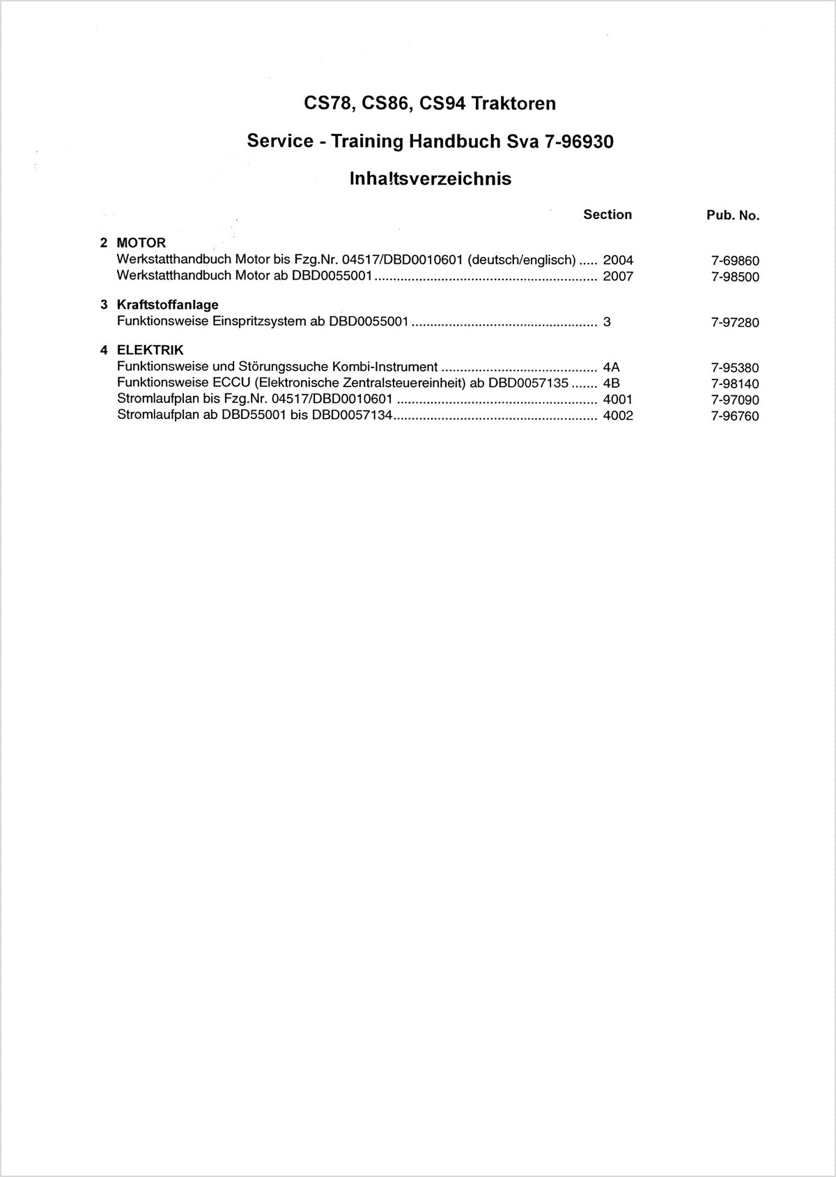 Steyr Traktor Werkstatthandbuch Modelle 955, 955a, 964, 964a, M 968, 970a, 975a, 9078, 9078a, M 9083a, 9086, 9086a, 9094, 9105, 9145, Turbo TS 225/94, Inhaltsverzeichnis, Seite 1