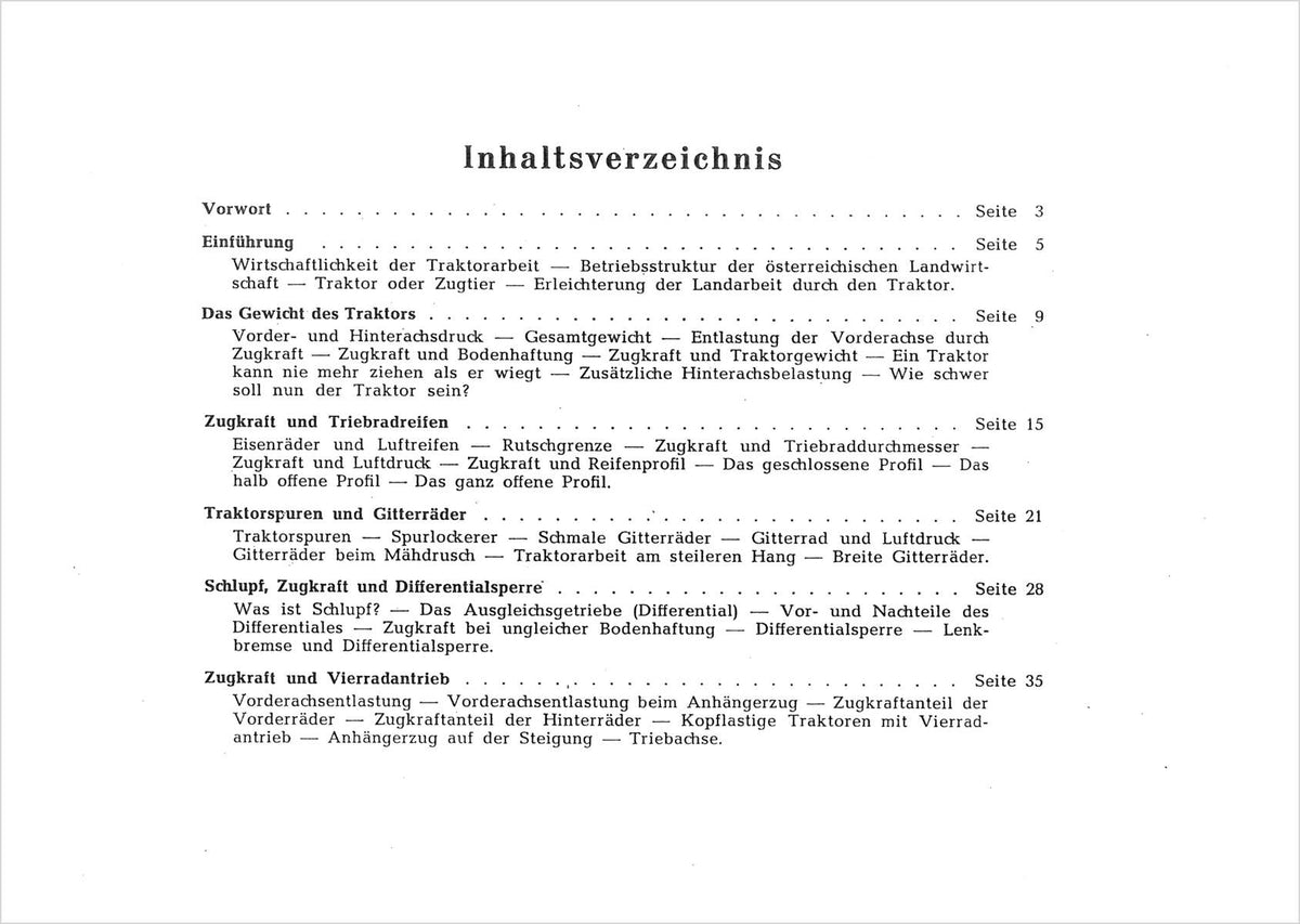 Steyr - Traktorkunde für den jungen Landwirt Ausgabe 1960, Inhaltsverzeichnis