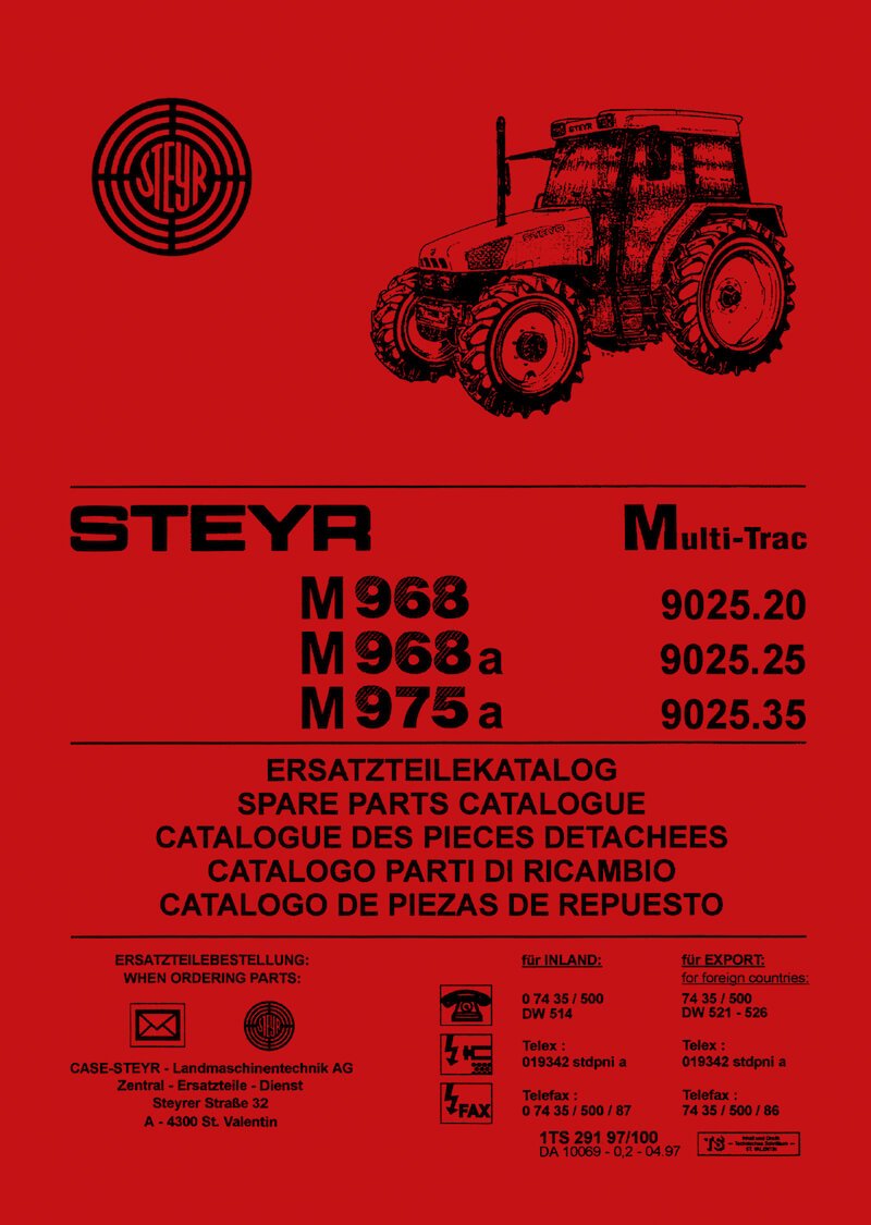 Ersatzteilliste für den Steyr Traktor Multi-Trac M 968, M 968a, und M 975a. "TS 291 97/100", Ausgabe 1997